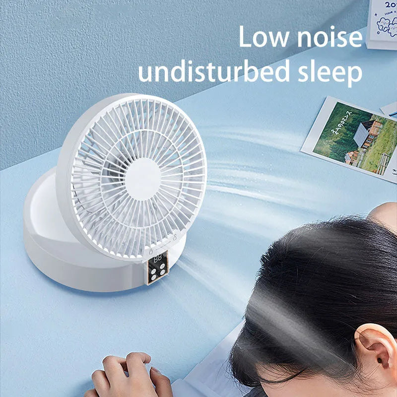 White portable rechargeable folding fan with remote control and night light shown in desktop and wall-mounted positions
