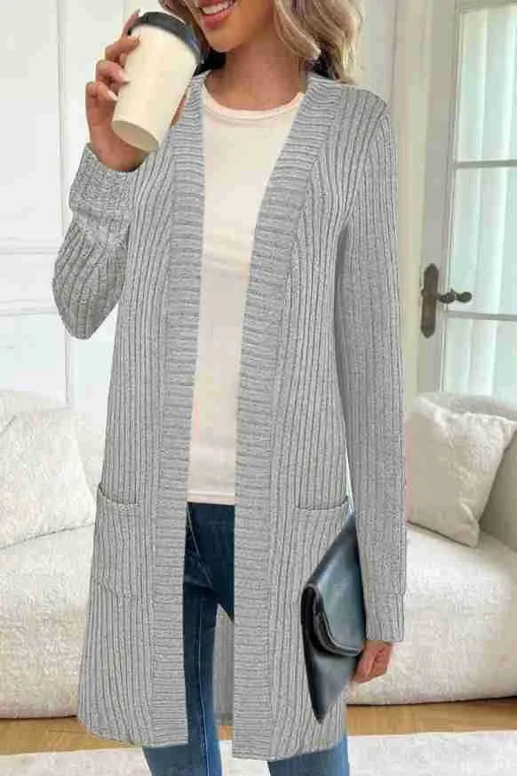Long sleeve loose fit knitted cardigan jacket with pockets in black, plus sizes 1XL to 5XL.