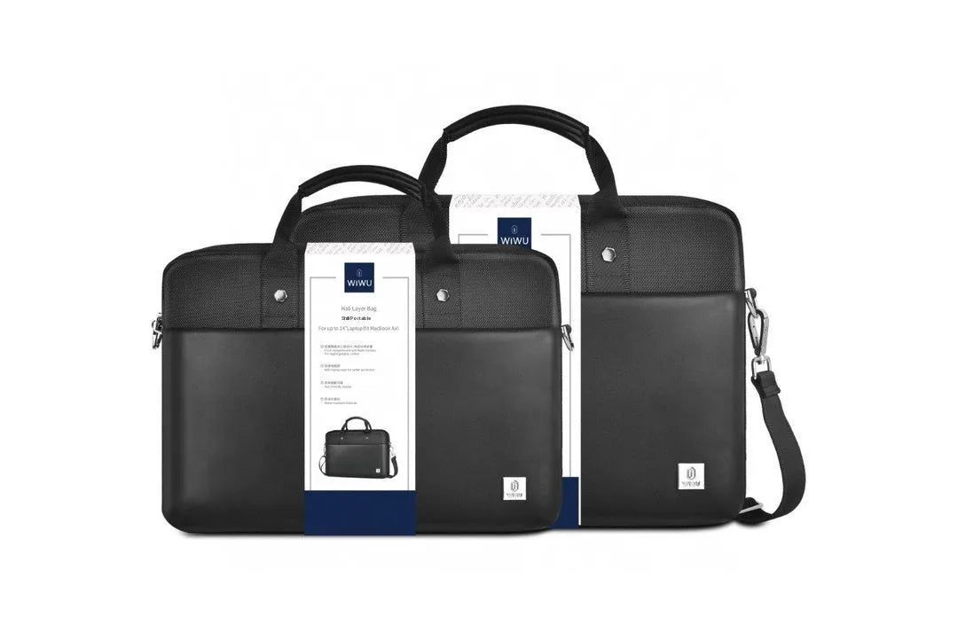 Black Oxford cloth laptop messenger bag with multiple compartments and a lock, shown in 14-inch and 15.6-inch sizes.