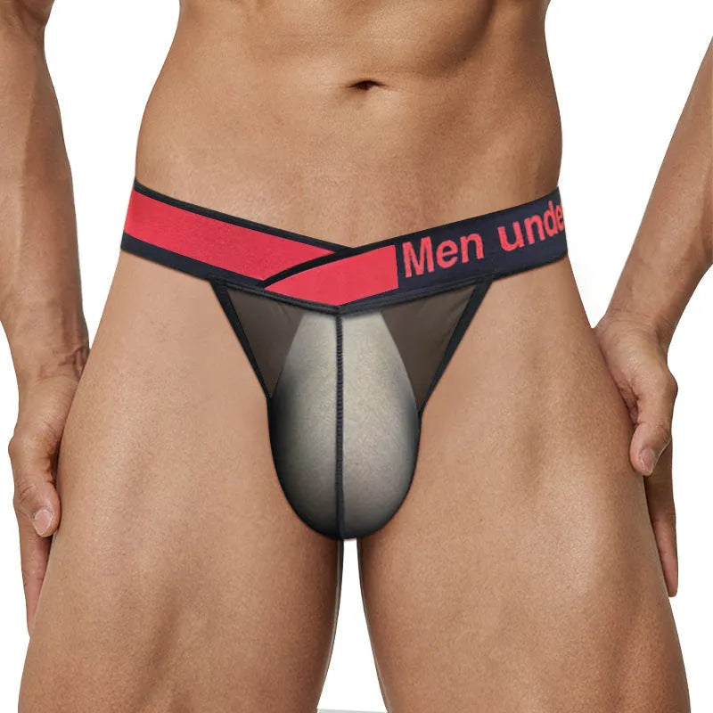 Men's transparent ice silk briefs with large V gradient high fork design in nylon fabric