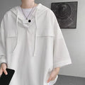 Men's hooded short sleeve T-shirt in loose fit available in black, white, dark blue, and brown colours