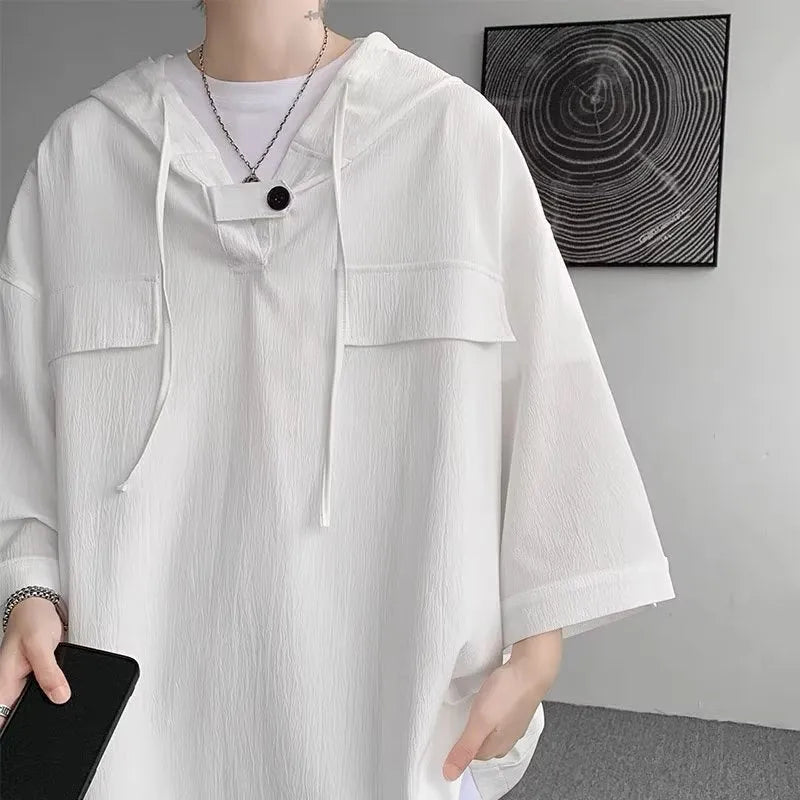 Men's hooded short sleeve T-shirt in loose fit available in black, white, dark blue, and brown colours