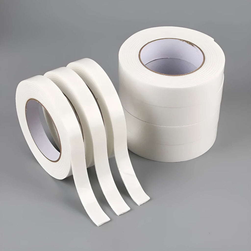 Foam double-sided adhesive tape roll showing 3mm thickness with measurements for 15mm, 18mm, and 30mm width options