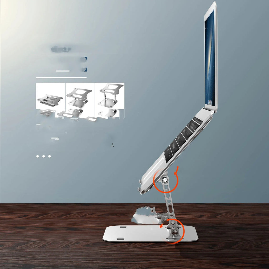 Silver aluminium alloy folding laptop cooling stand on a desk with a notebook placed on it