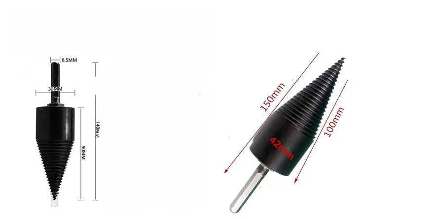 Hexagonal firewood splitter drill bit in 32mm and 42mm sizes for electric hand drills.