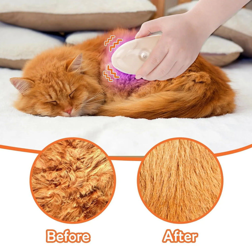 Yellow multifunctional cat steam brush with silicone teeth, water tank, and UV lamp.