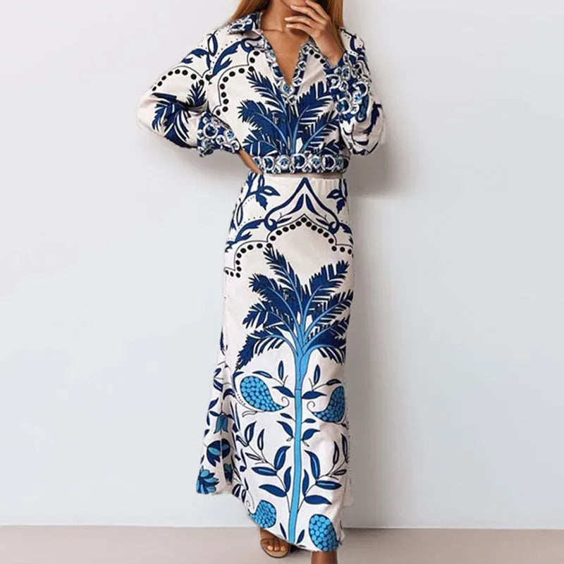 Women's early spring two-piece casual outfit with long sleeve top and long skirt