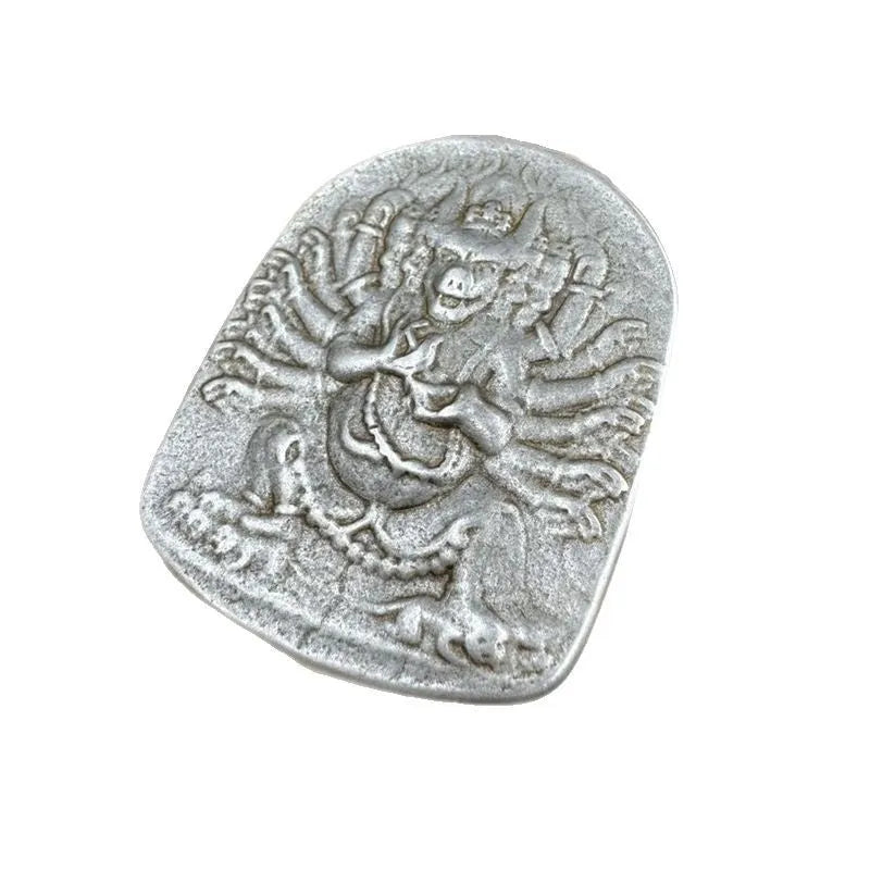 Close-up of iron hanging ornament pendant depicting Aryaacalanatha, Yamantaka in Chinese style.