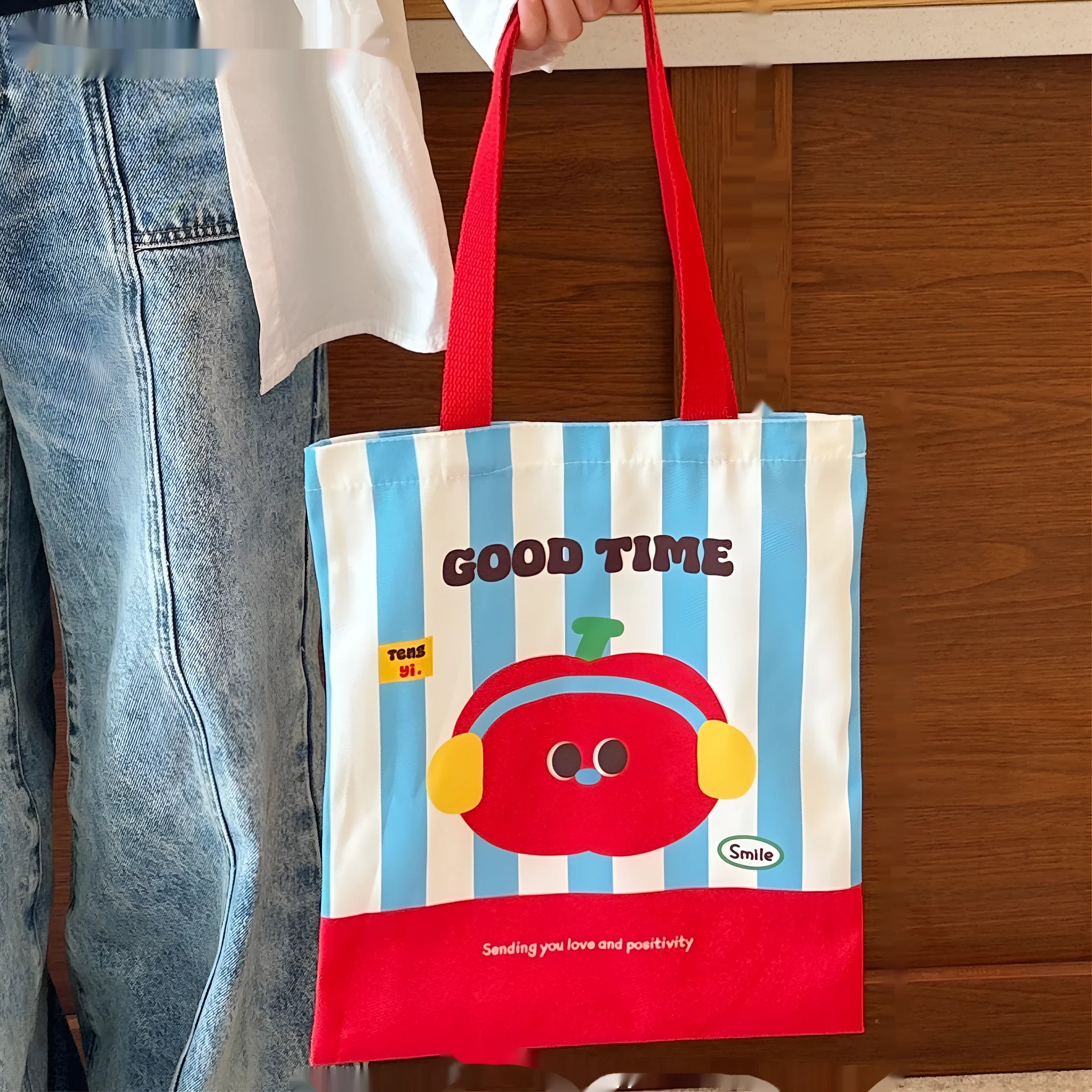 Cartoon kitten print canvas tote bag showing dimensions of 30cm wide by 36cm tall.