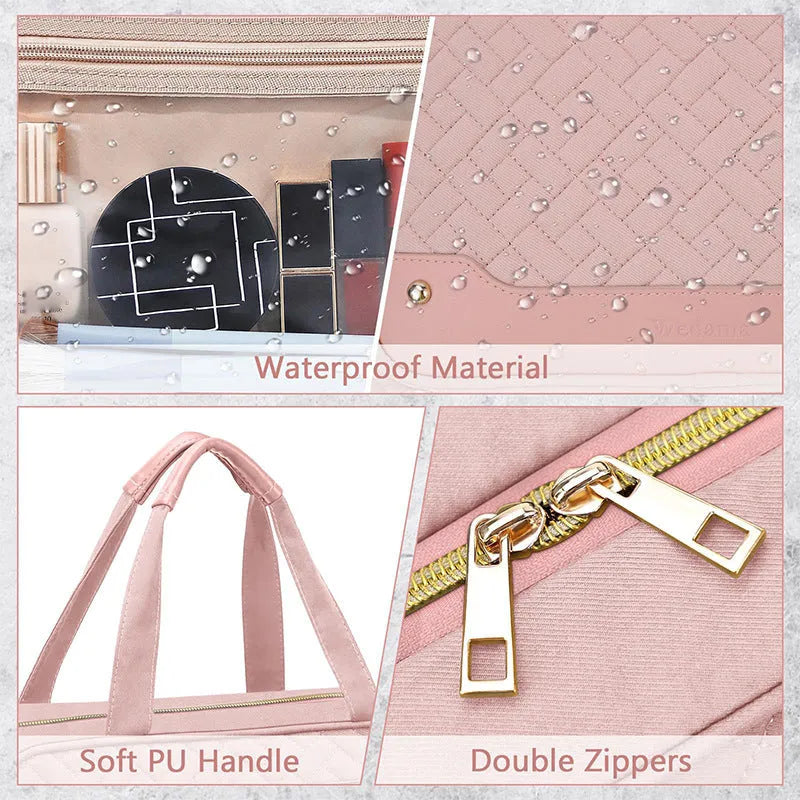 Black or pink waterproof hanging cosmetic bag with dimensions 30.5cm wide by 11cm deep by 22.9cm tall