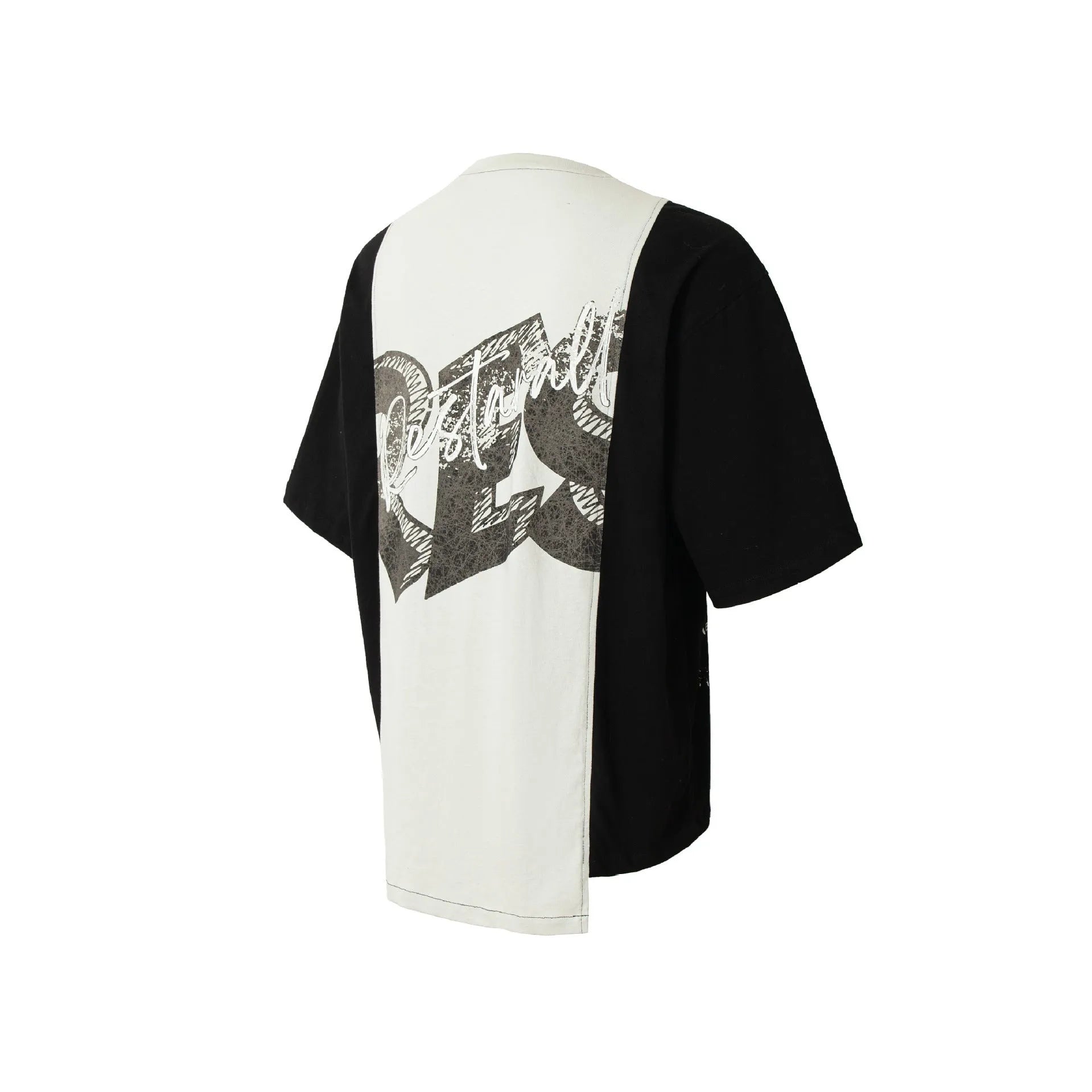 Black and white broken collage print on a loose-fit cotton blend T-shirt for streetwear.