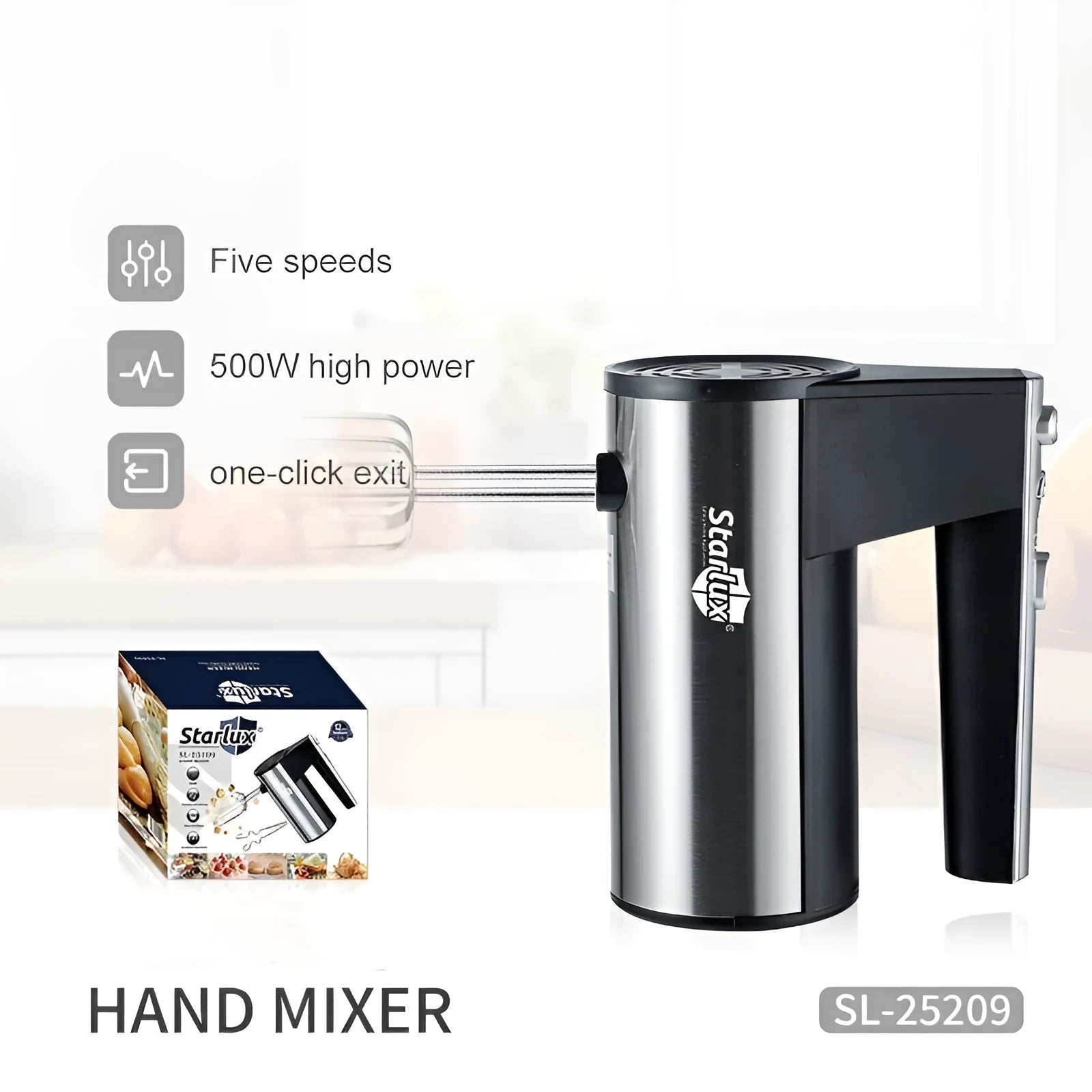 SL-25209 model 500W electric hand mixer with five-speed control and dual voltage compatibility.