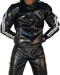 Men's black PU leather hooded sports jacket and matching trousers set for autumn athletics.