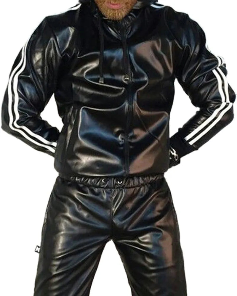 Men's black PU leather hooded sports jacket and matching trousers set for autumn athletics.