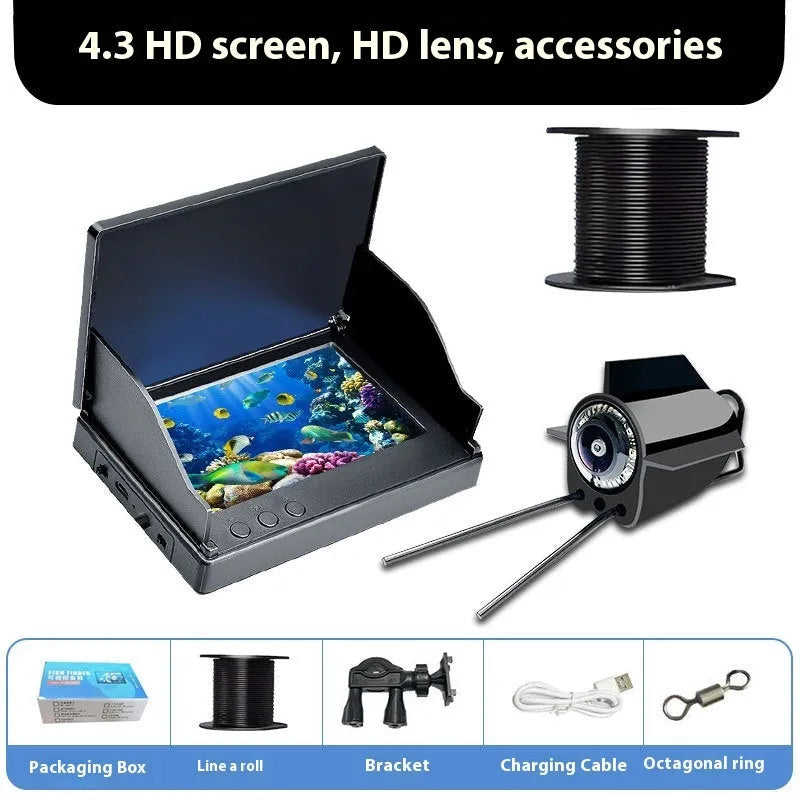 Underwater fish finder HD camera with 4.3-inch screen, 8 LED lights, and a choice of 15, 20, or 30-metre cable.