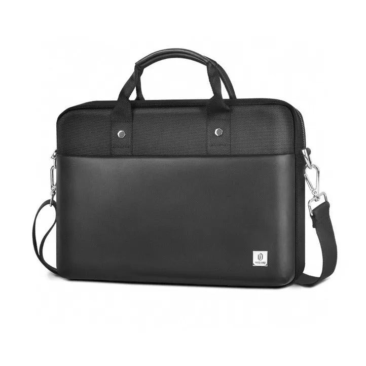 Black Oxford cloth laptop messenger bag with multiple compartments and a lock, shown in 14-inch and 15.6-inch sizes.