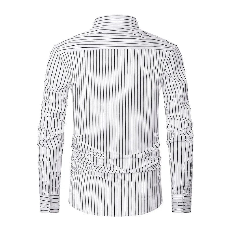 Men's slim fit striped long sleeve business shirt in ice silk fabric on a hanger.