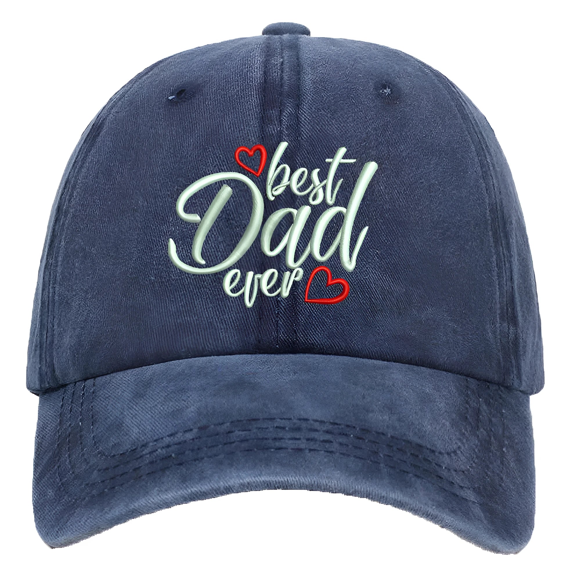 A washed cotton baseball cap with embroidered letters on the front, showing the dome crown shape.