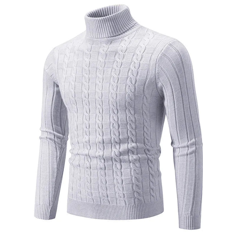 Men's slim-fit chenille turtleneck pullover in milky white, showing the twist design and spandex blend fabric.