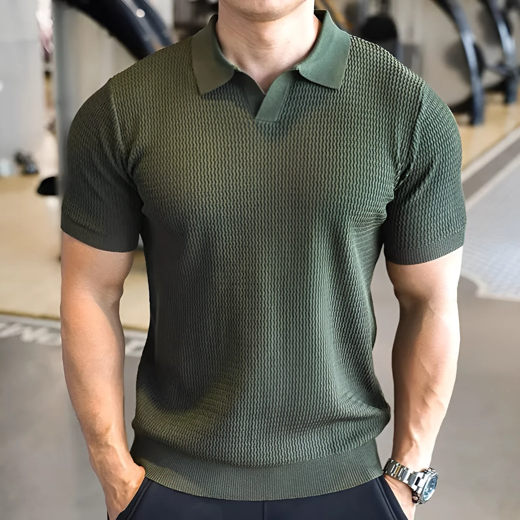 Men's slim fit henry collar polo shirt in lightweight polyester fabric.