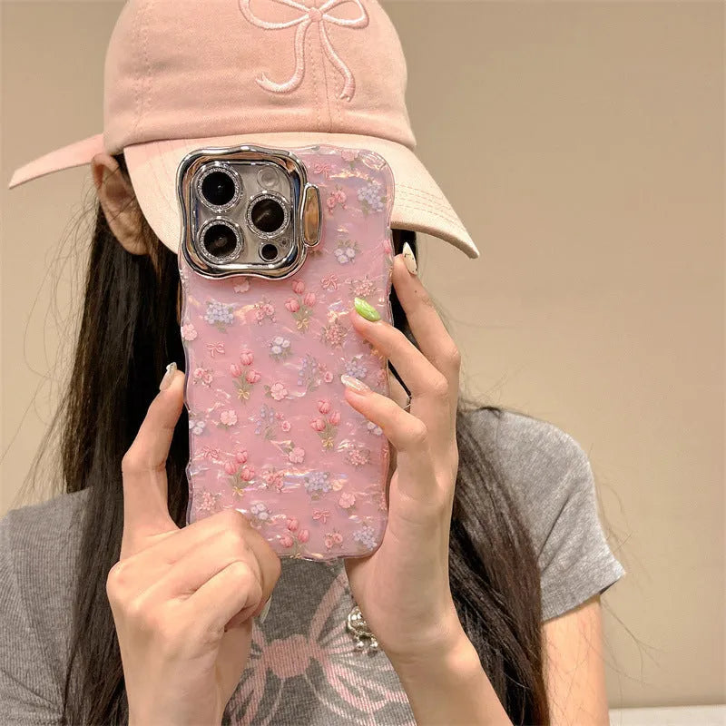 Acrylic shell pattern floral lens bracket protective case for Apple iPhone in wave pink