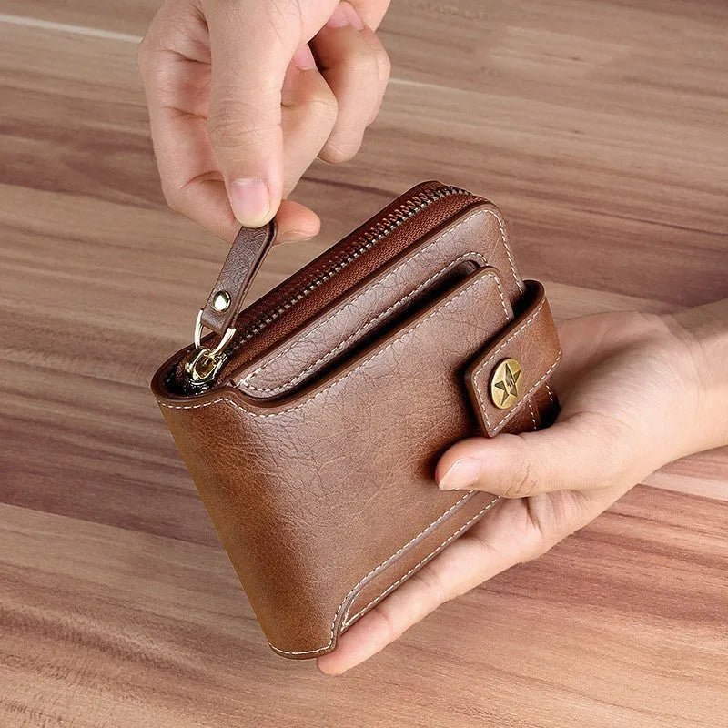 Men's short two-fold PU leather wallet in light brown, black, and dark brown colour options
