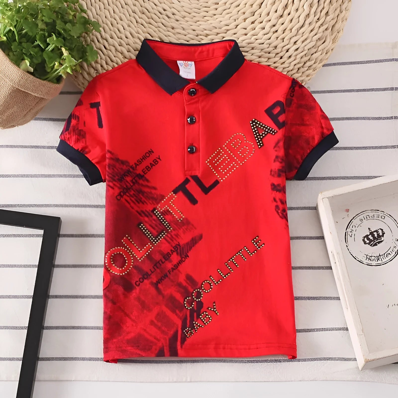 Boys' solid colour cotton short sleeve shirt with lapel collar on hanger.