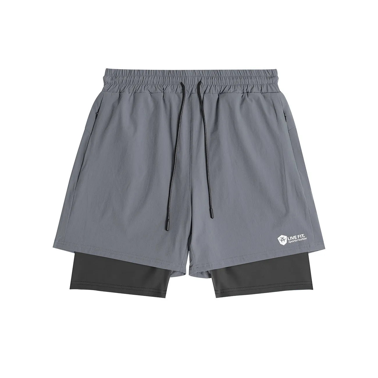 American style quick drying zippered shorts for men in grey, size M, front view