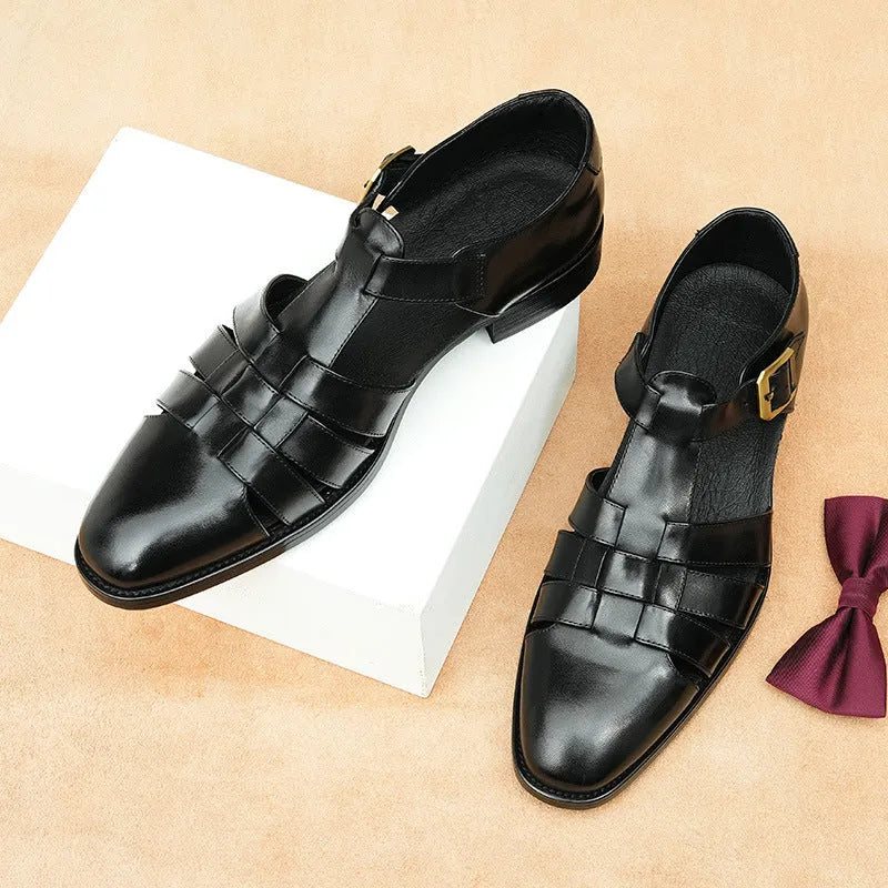 Men's black genuine leather retro business sandals with rubber sole showing size tag