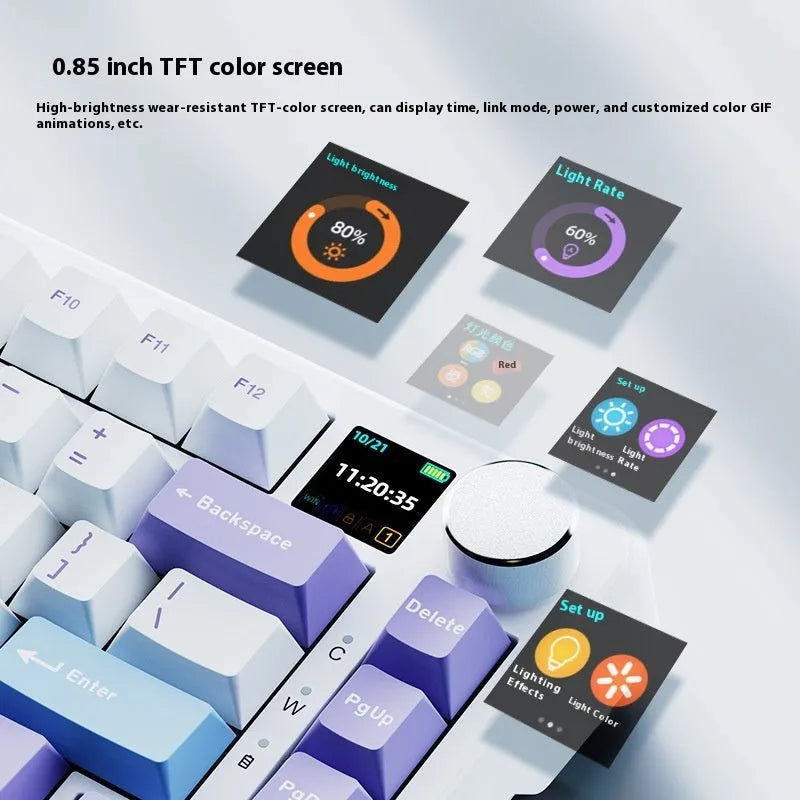 Three-mode mechanical keyboard with black, grey, and yellow colour options and included accessories
