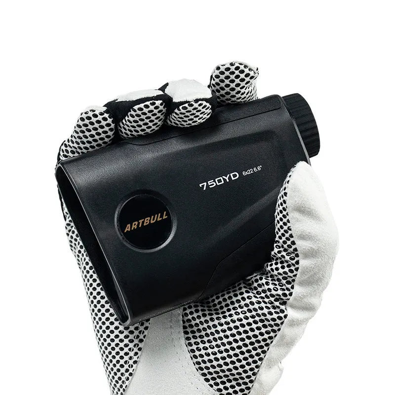 Black golf laser rangefinder with LCD display showing yardage, featuring a 20mm objective lens.