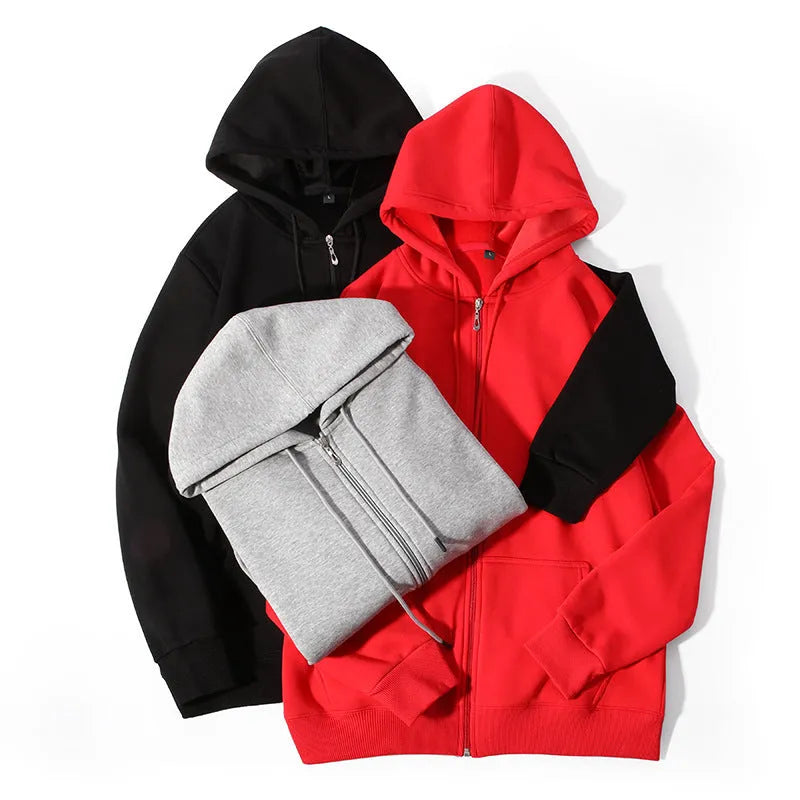 Men's plus size zip hooded sweater in 420g cotton fabric with top-stitch pockets