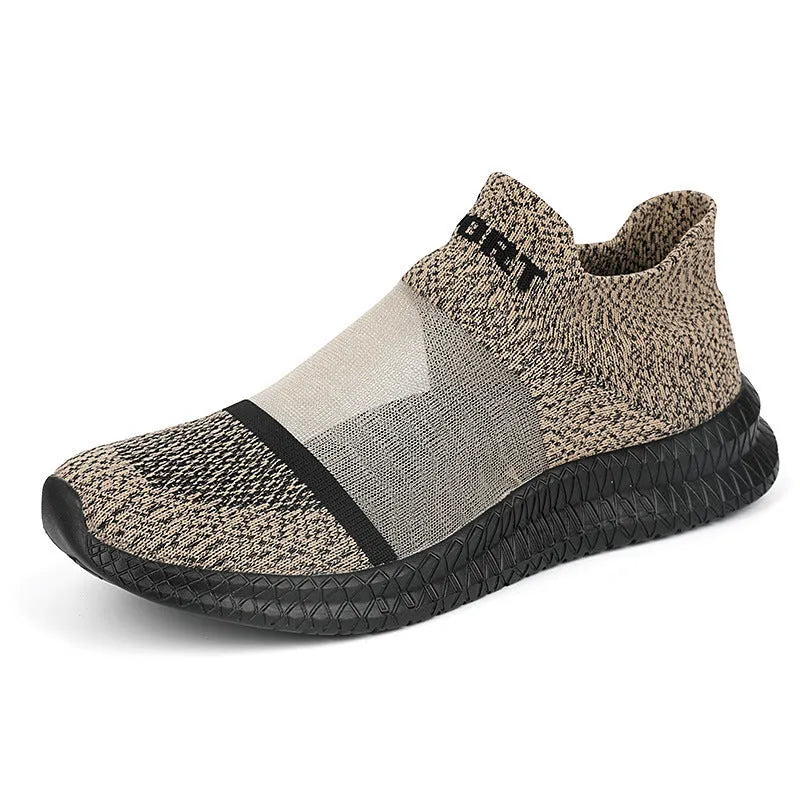 Casual Flyknit sock shoes in khaki colour with round toe and flat low heel.