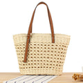 Beige paper-string woven shoulder bag with adjustable strap showing horizontal square design and straw elements