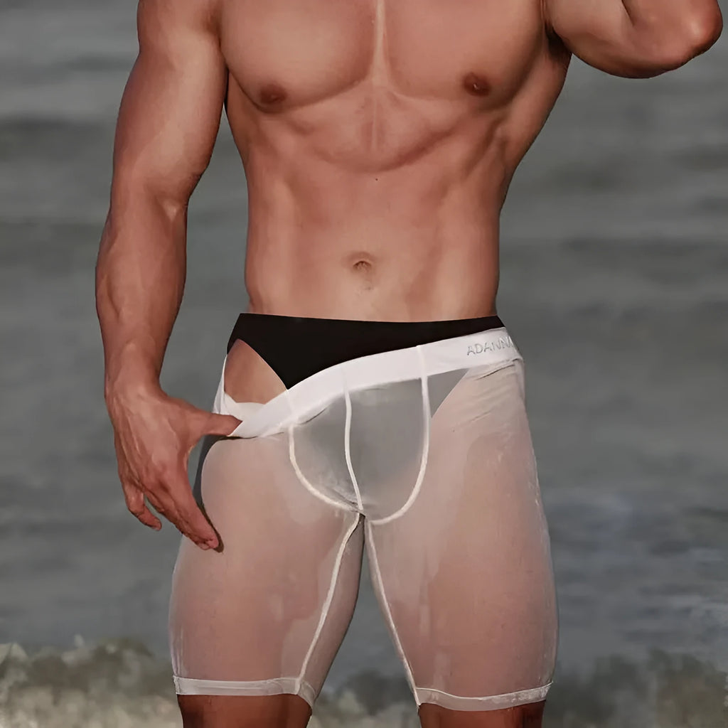 Men's seamless mesh home shorts in knitted nylon fabric available in black, white, and pink colours