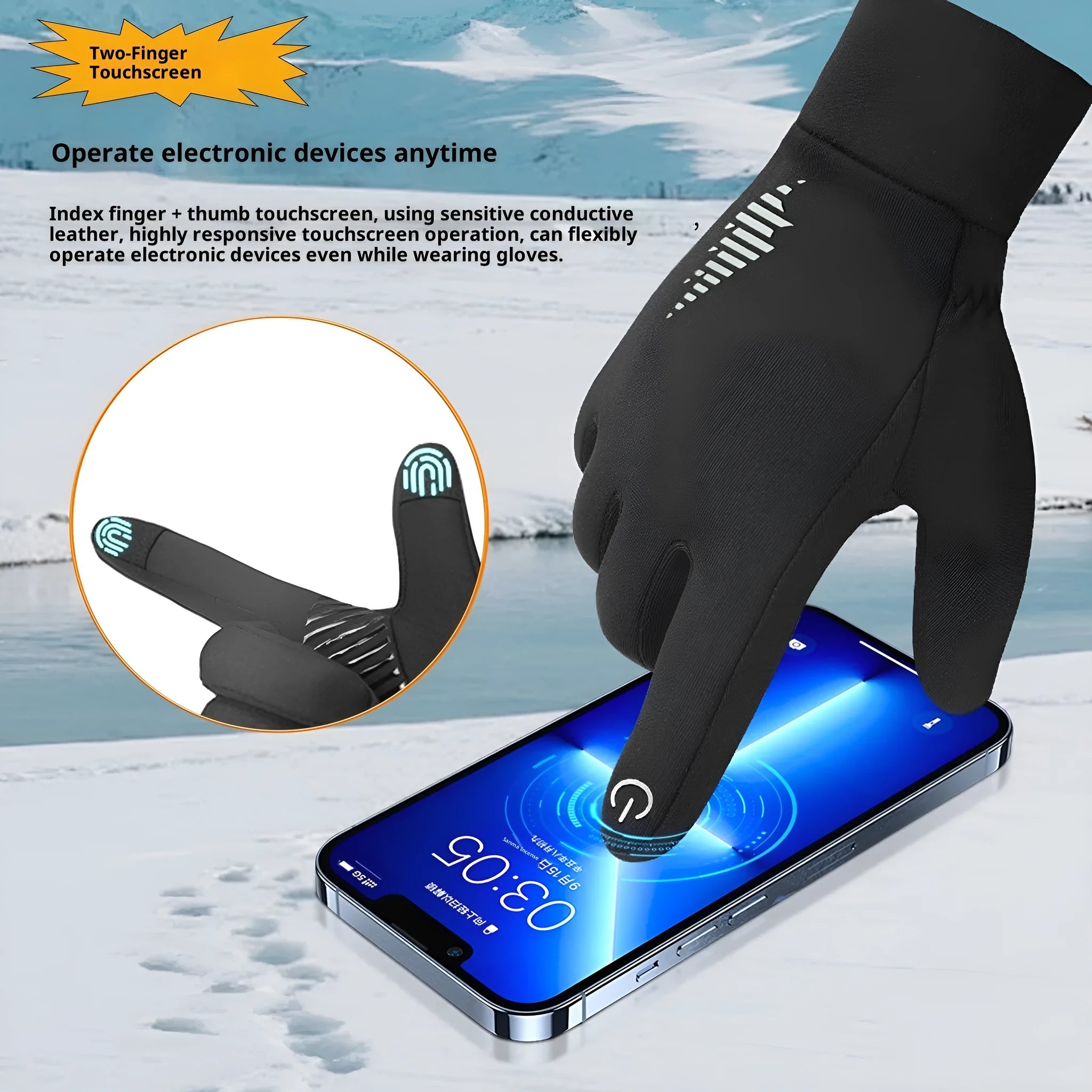 Men's fleece-lined anti-slip thick warm cycling gloves in black, fluorescent yellow, and purple on a white background