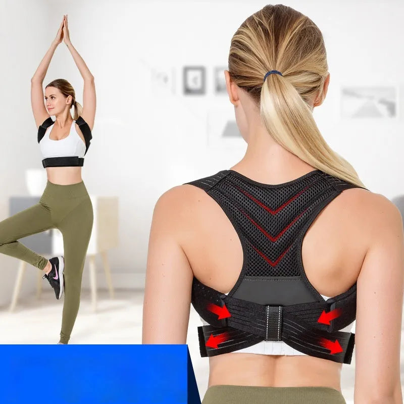 Black anti-humpback posture correction belt worn on torso, showing open shoulder and high chest position.