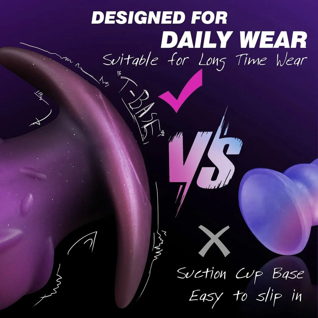 Purple, gold, and black liquid silicone masturbator toy in sizes S, M, L, XL for unisex adult use.