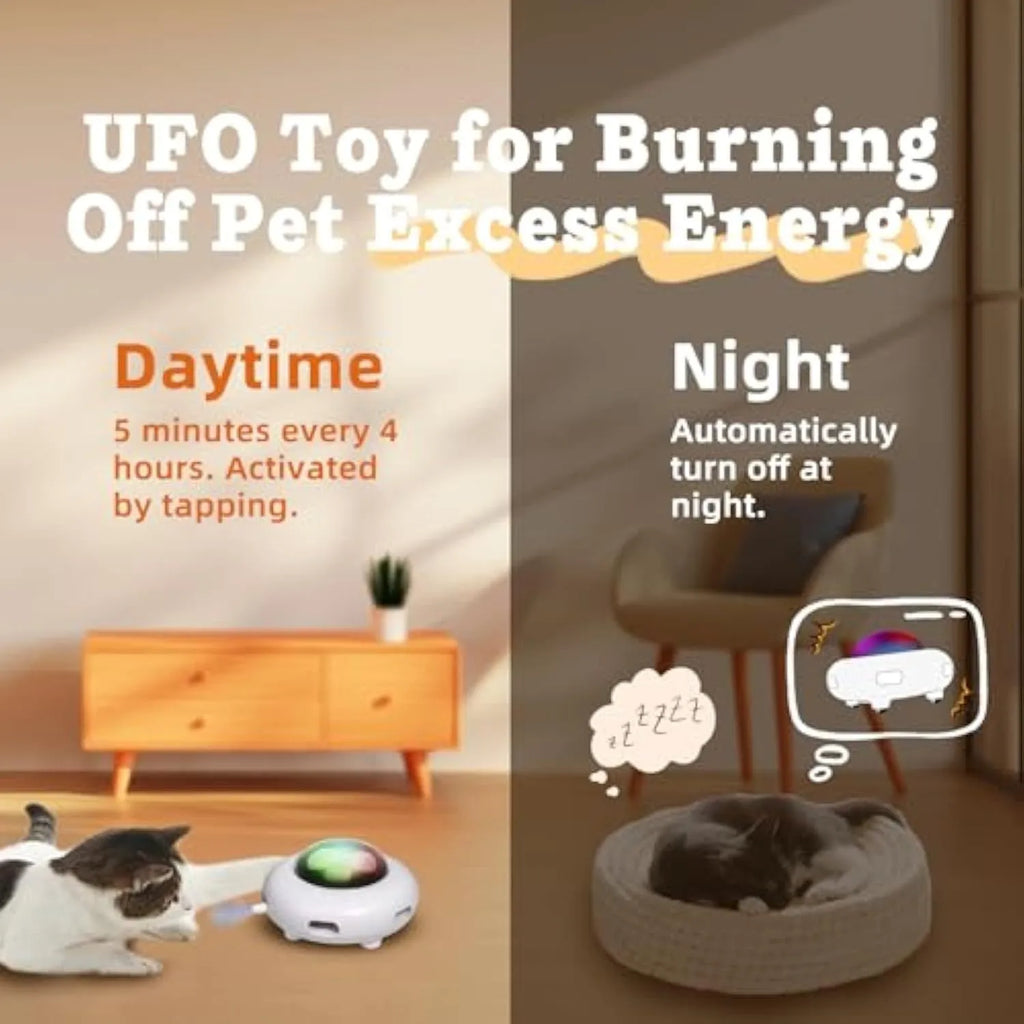 White automatic interactive cat toy with colourful feathers and LED lights on a floor.