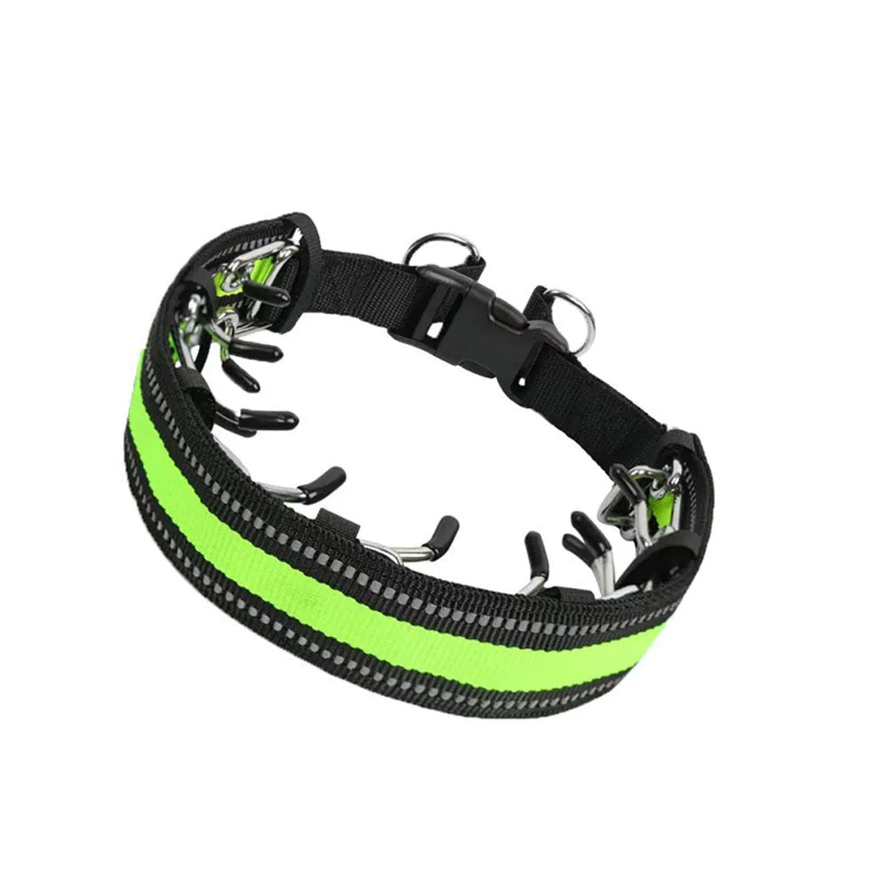 Dog training stimulation chain collar with stainless steel prongs on a padded nylon band.
