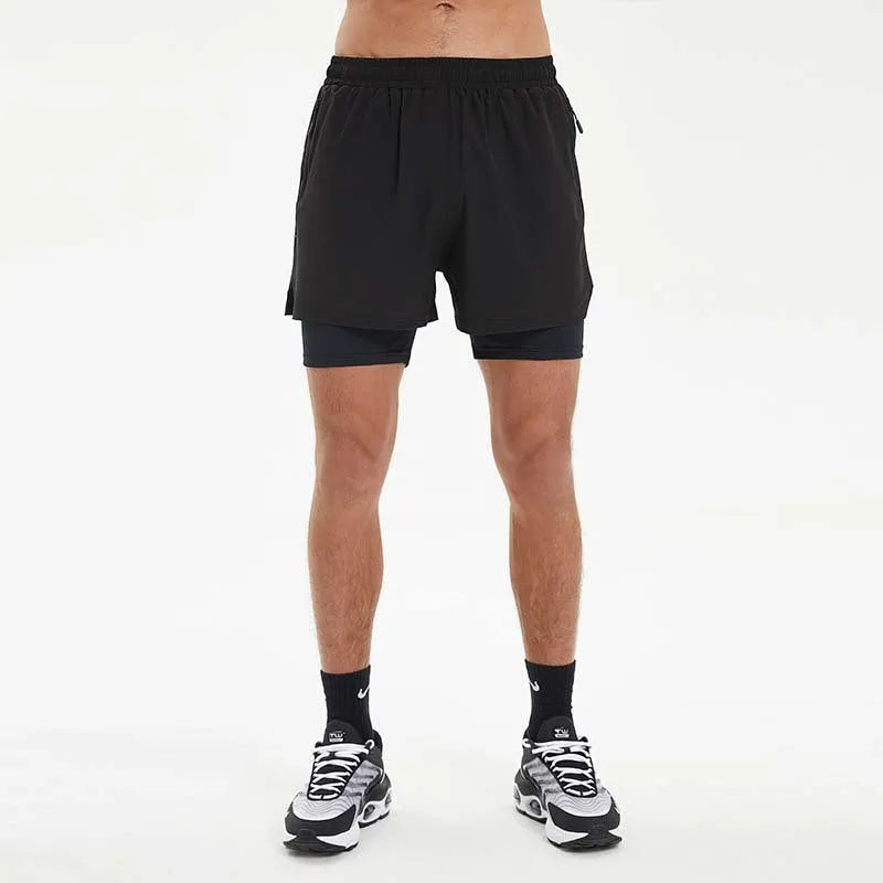 Men's black double-layer running shorts with built-in liner shown on model