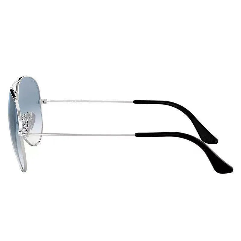 Tempered glass sunglasses with a choice of gold, silver, or black frames and dark green or blue gradient lenses.