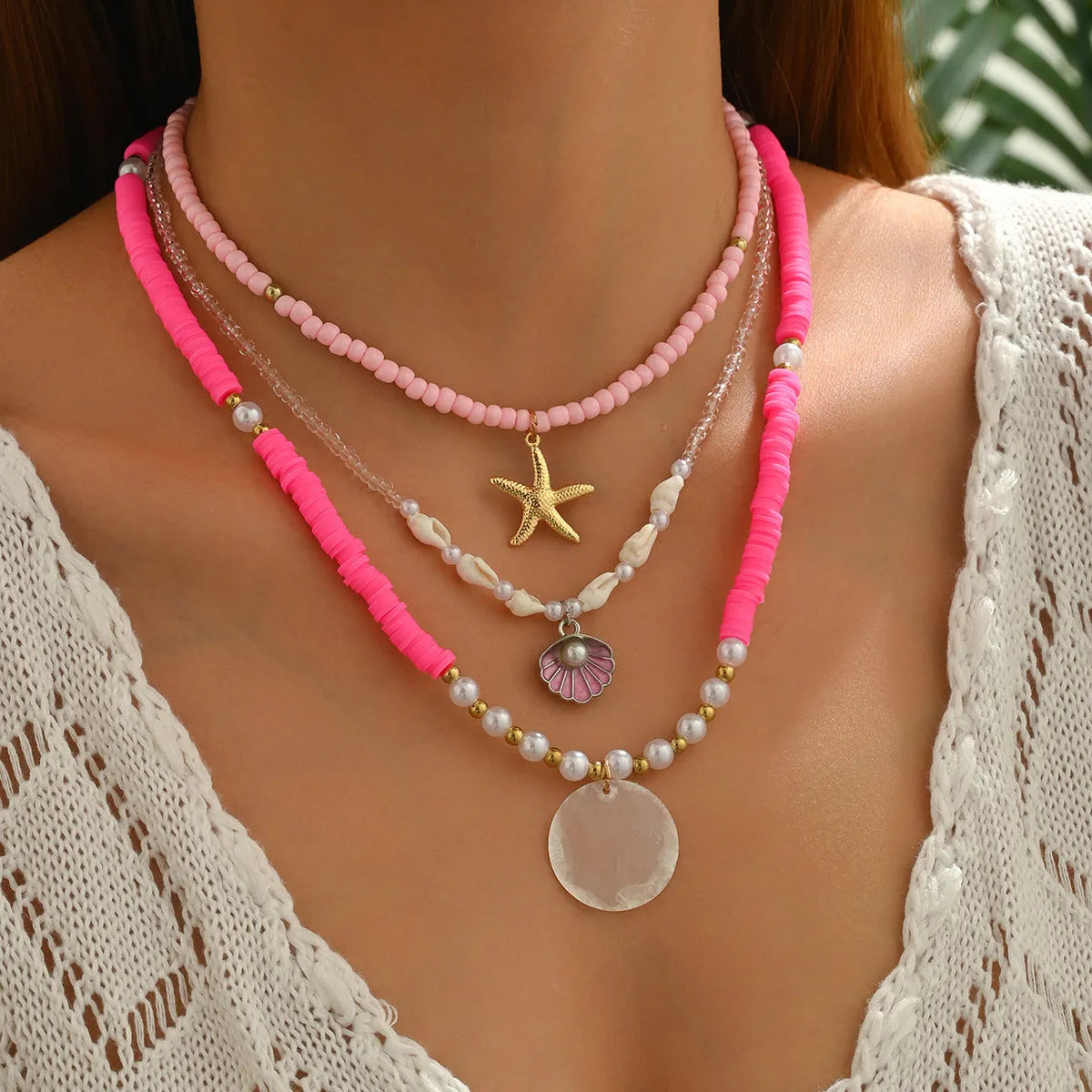 Polymer clay beaded multi-layer necklace with geometric alloy pendant, adjustable 41-50cm, for women