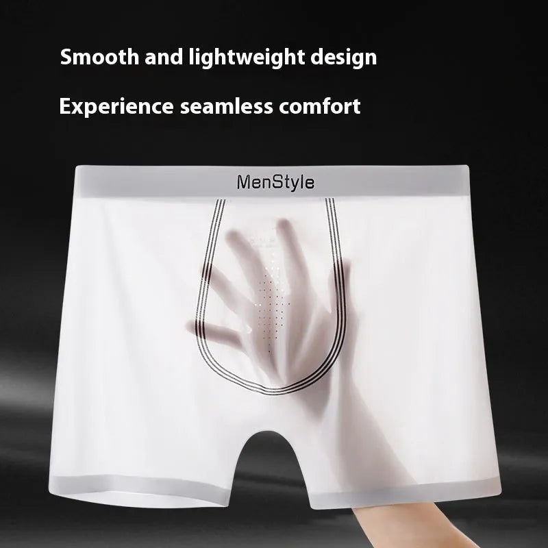 Men's seamless satin ice silk nylon boxer shorts in mid-waist style, shown in flesh colour