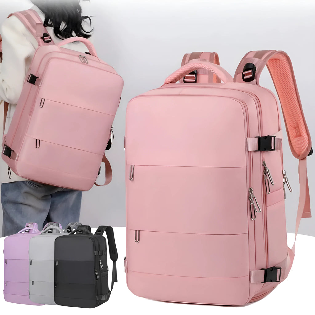 Large purple Oxford cloth travel backpack with air pillow belt system and multiple compartments