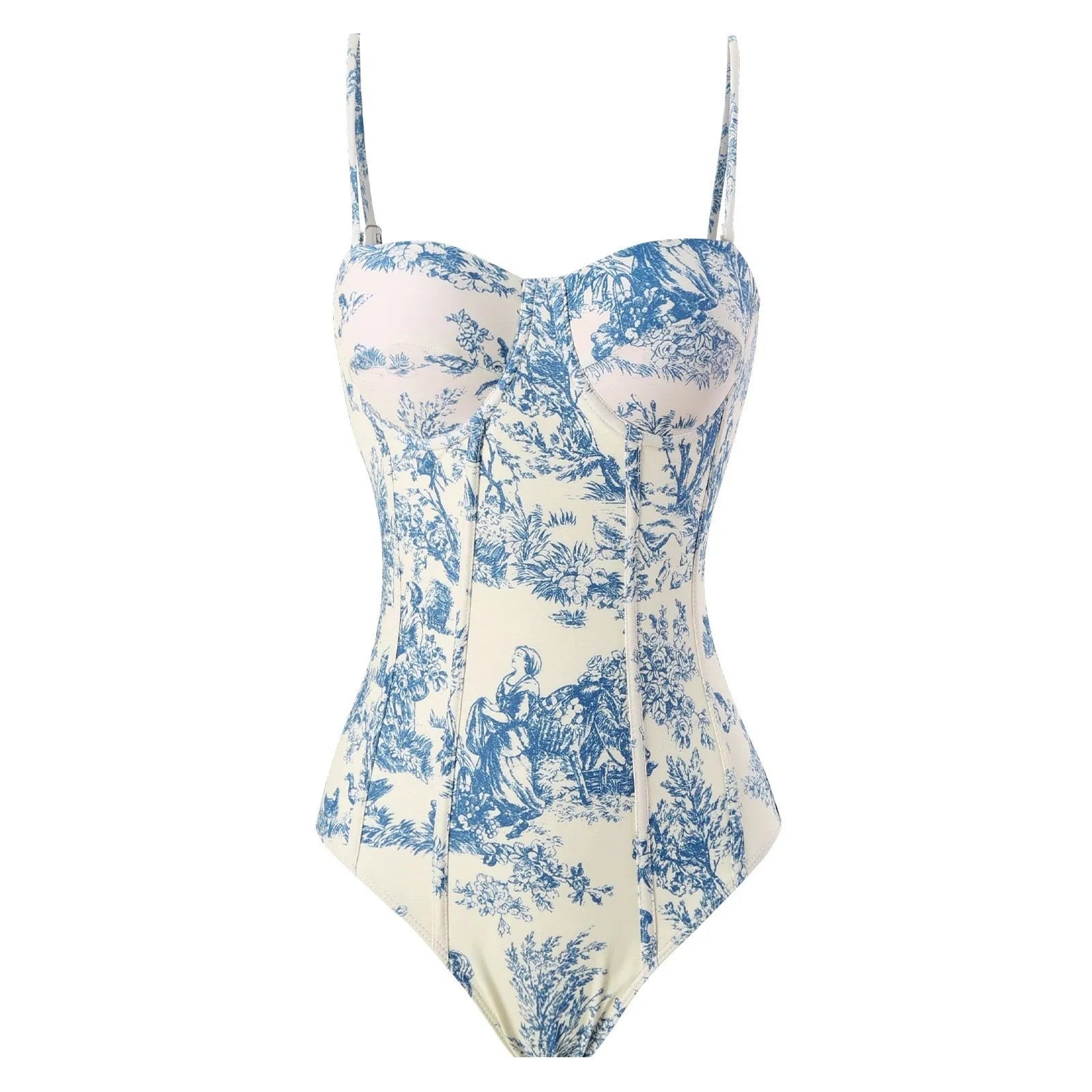 Blue women's one-piece polyester swimsuit with a separate matching gauze skirt.