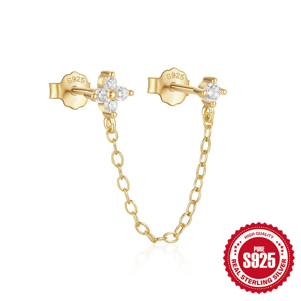 S925 sterling silver geometric ear studs with flower, tassel and chain design in gold colour options