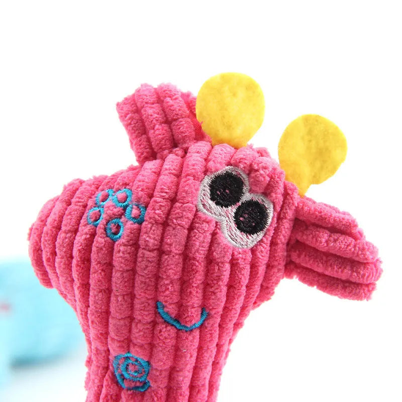 Blue deer-shaped plush pet toy with corn grain texture and squeaker sound feature