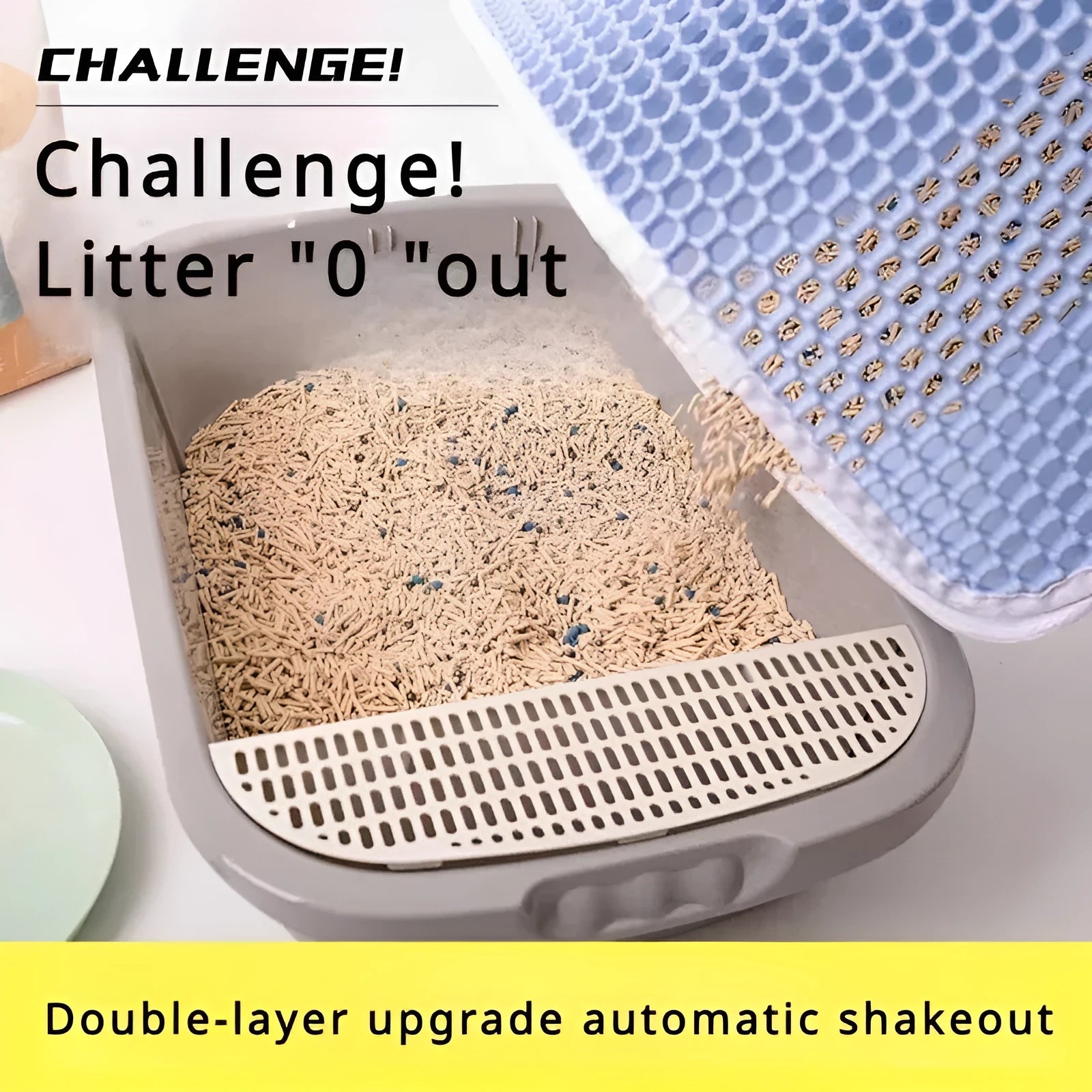 Double layer waterproof cat litter mat in beige, showing textured top surface and separate base tray.
