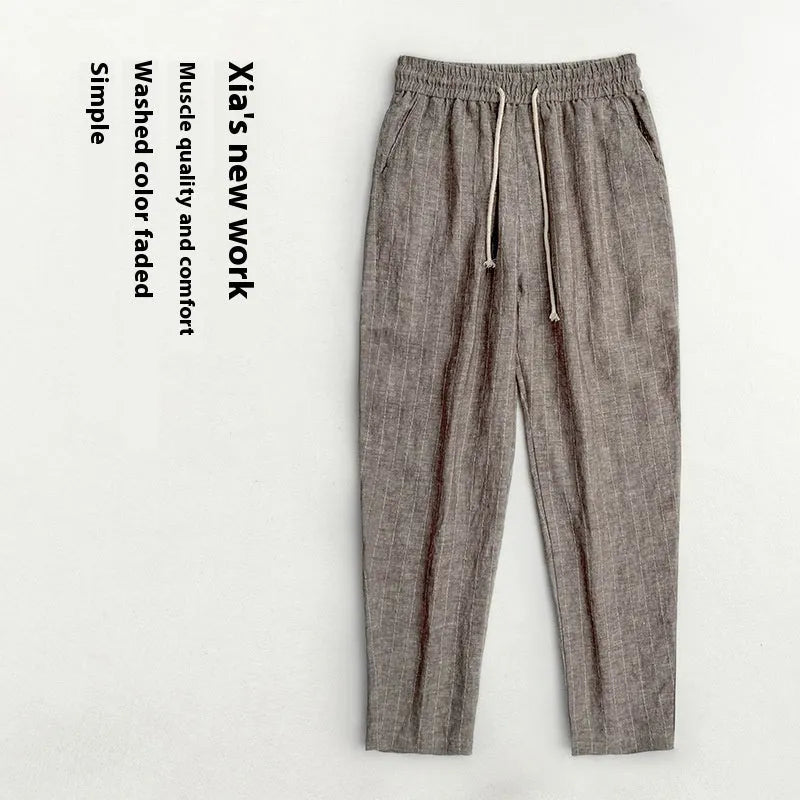 Men's striped linen-cotton casual trousers with a cropped length for summer.